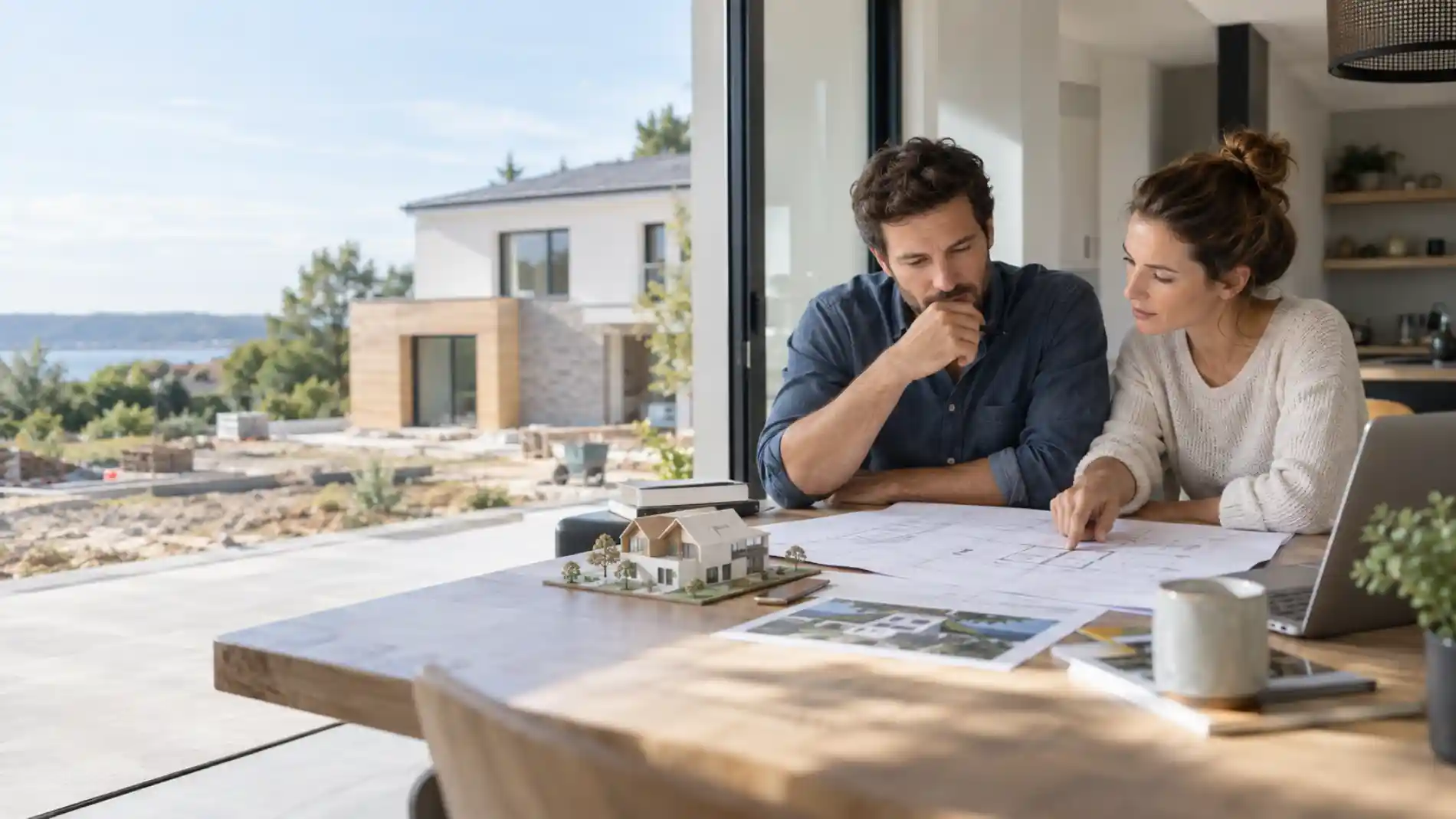 Couple étudiant les plans d’une maison neuve en vue d’un projet soumis à la RE 2028