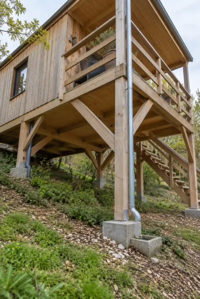 Dessous d’une cabane sur pilotis : plots en béton, contreventements et évacuations