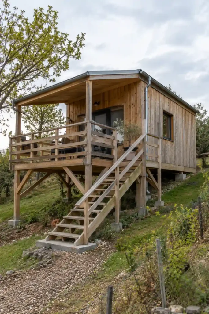 Cabane en bois sur pilotis avec escalier et garde-corps, sur un terrain en pente