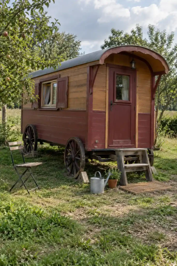 Roulotte en bois sur roues, stationnée en bordure de verger
