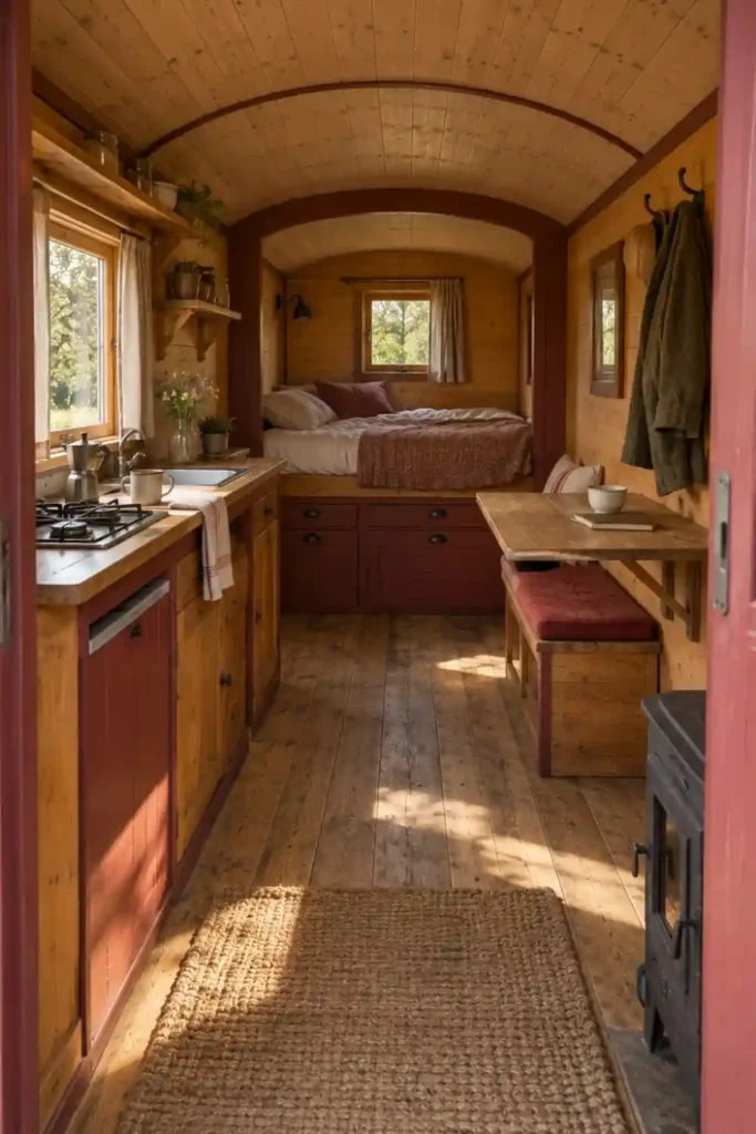 Intérieur de plain-pied d’une roulotte, avec lit en alcôve, petite cuisine et banquette