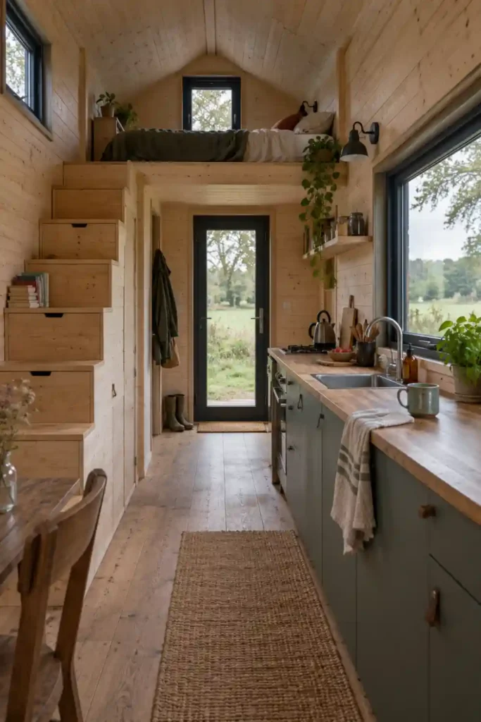Intérieur d’une tiny house avec cuisine compacte et mezzanine au-dessus de l’entrée