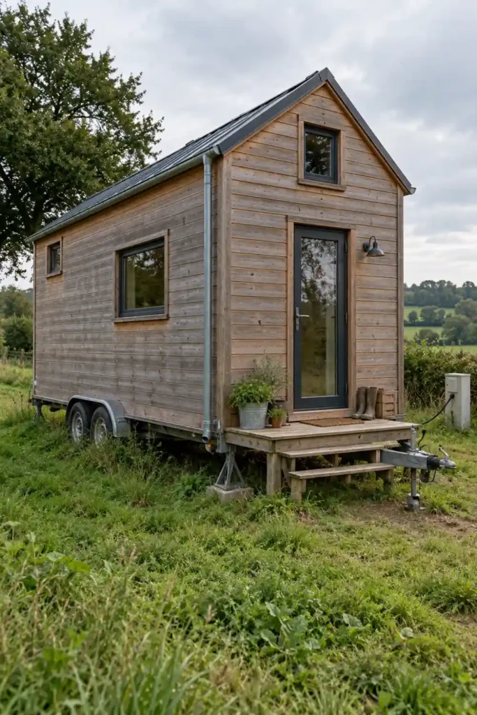 Tiny house en bois sur sa remorque, installée dans un pré