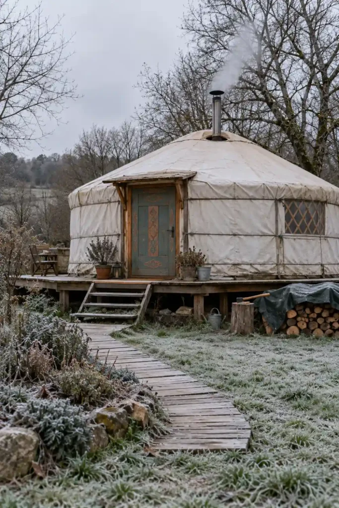 Yourte habitée en hiver, avec conduit de poêle et réserve de bois