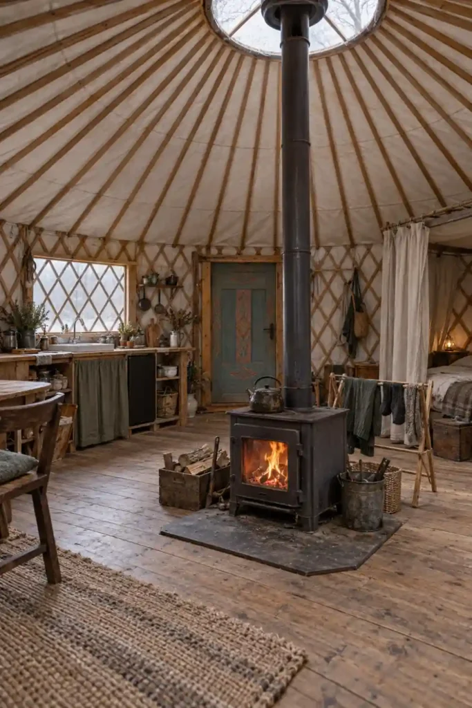 Intérieur circulaire d’une yourte, avec poêle à bois central et couronne au sommet