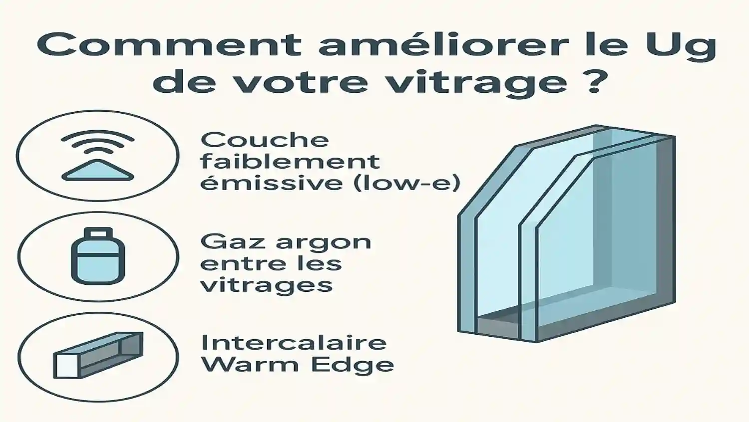 Le visuel illustre les principales solutions techniques pour réduire le Ug d’un vitrage et améliorer l’isolation thermique de vos fenêtres.