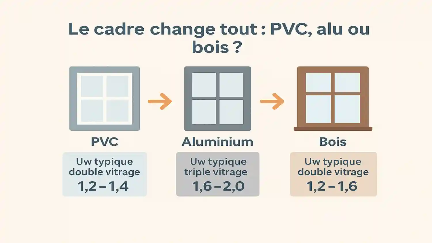 Infographie présentant trois icônes de fenêtres représentant les cadres en PVC, aluminium et bois. Sous chaque fenêtre figurent des valeurs de Uw typiques pour le double et le triple vitrage, afin d’illustrer l’impact du matériau de cadre sur la performance thermique de la fenêtre.