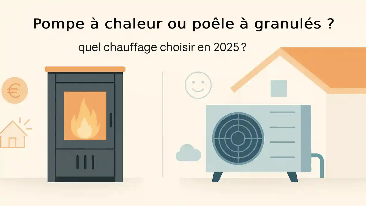 Illustration comparant deux systèmes de chauffage domestique : à gauche, un poêle à granulés moderne avec flamme visible ; à droite, une pompe à chaleur air-eau installée à l’extérieur et reliée à la maison.