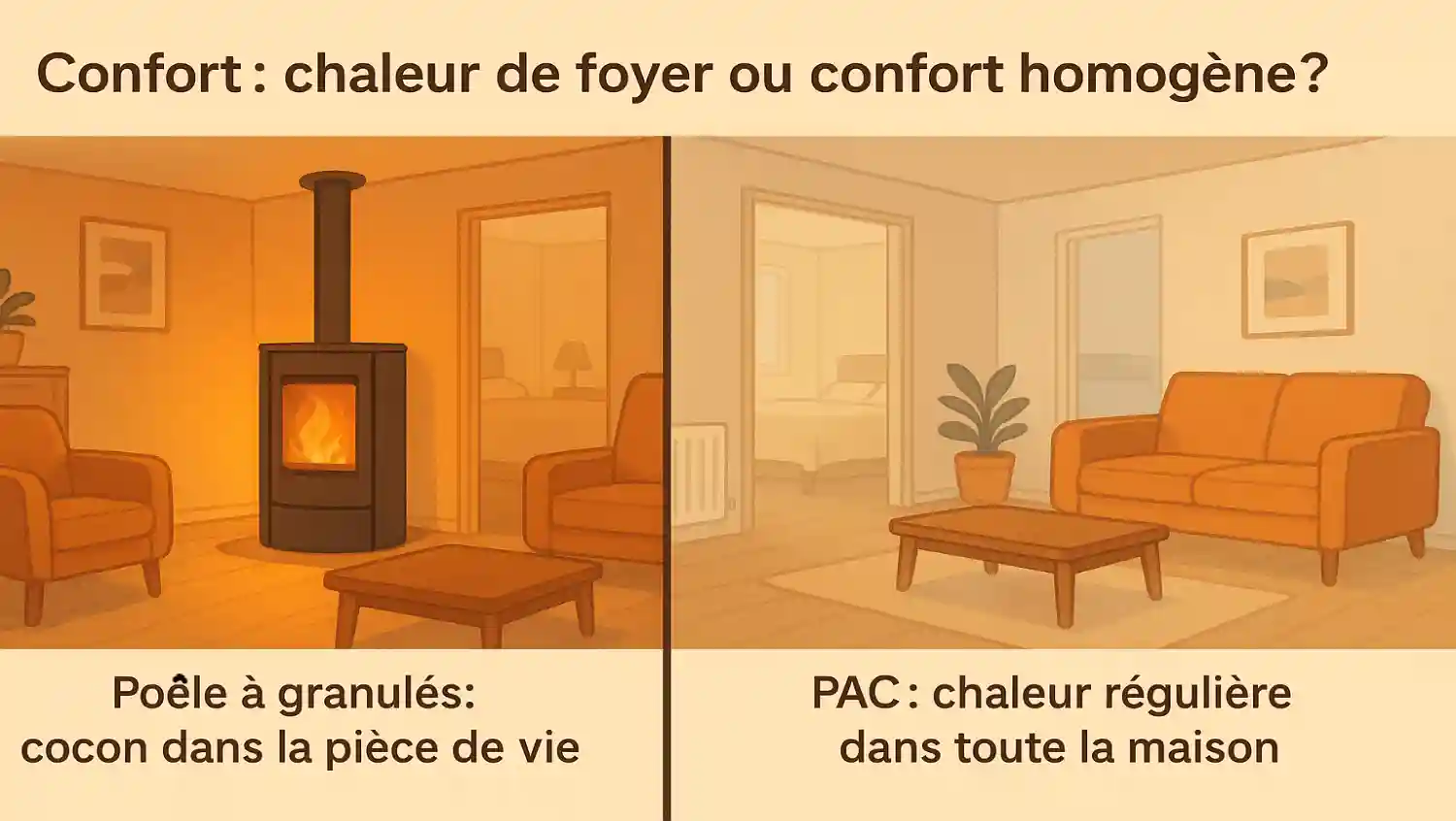 Illustration montrant l’intérieur d’une maison, avec à gauche un salon chauffé par un poêle à granulés créant un cocon très chaud dans la pièce de vie et des chambres un peu plus fraîches en arrière-plan, et à droite la même maison chauffée par une pompe à chaleur avec radiateurs ou plancher chauffant assurant une chaleur homogène dans toutes les pièces.