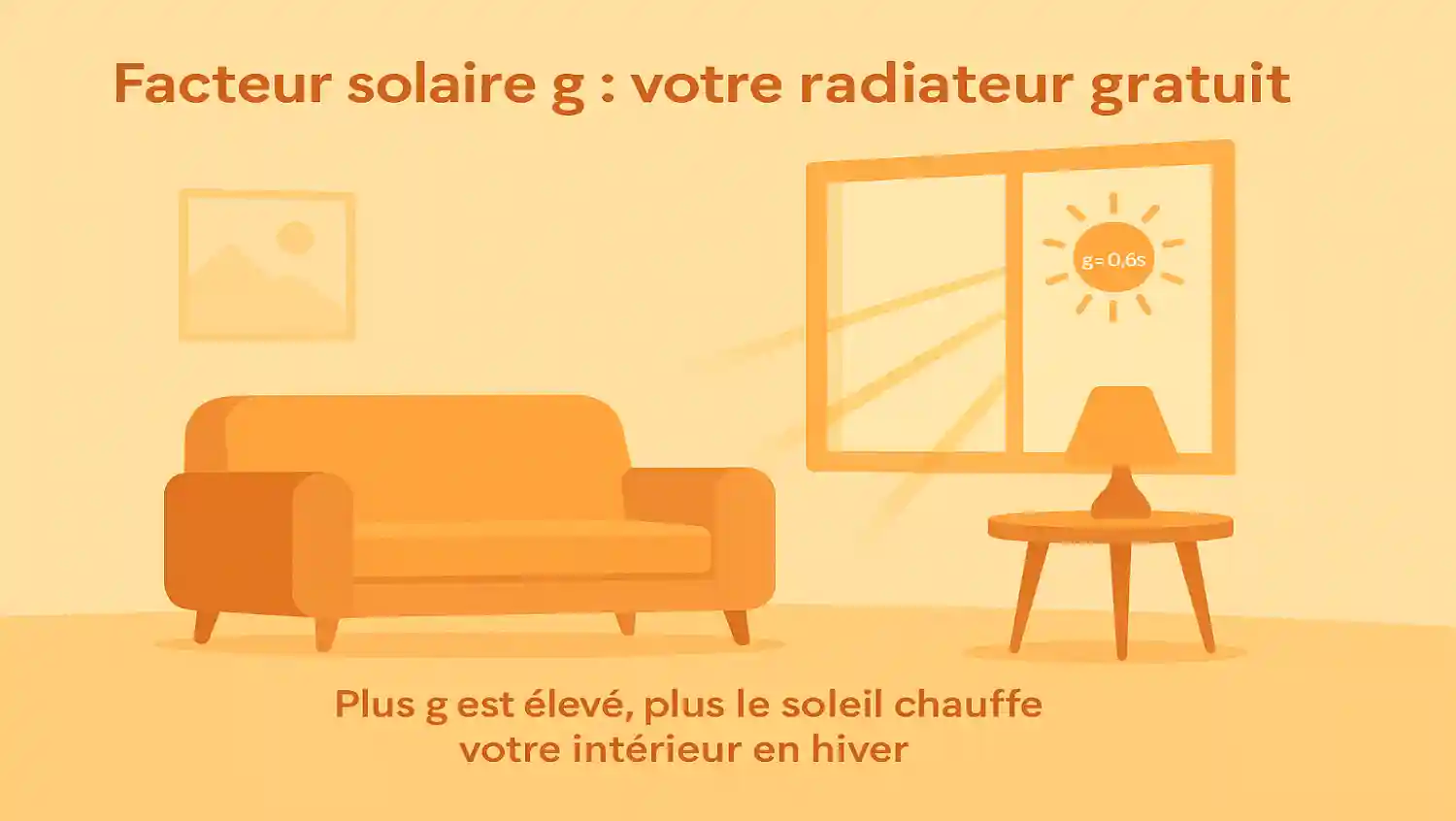 Illustration représentant un salon cosy baigné par le soleil d’hiver à travers une fenêtre orientée plein sud. Dans le vitrage, un symbole de soleil indique « g = 0,65 » et le titre « Facteur solaire g : votre radiateur gratuit » rappelle que la fenêtre peut apporter des calories gratuites.