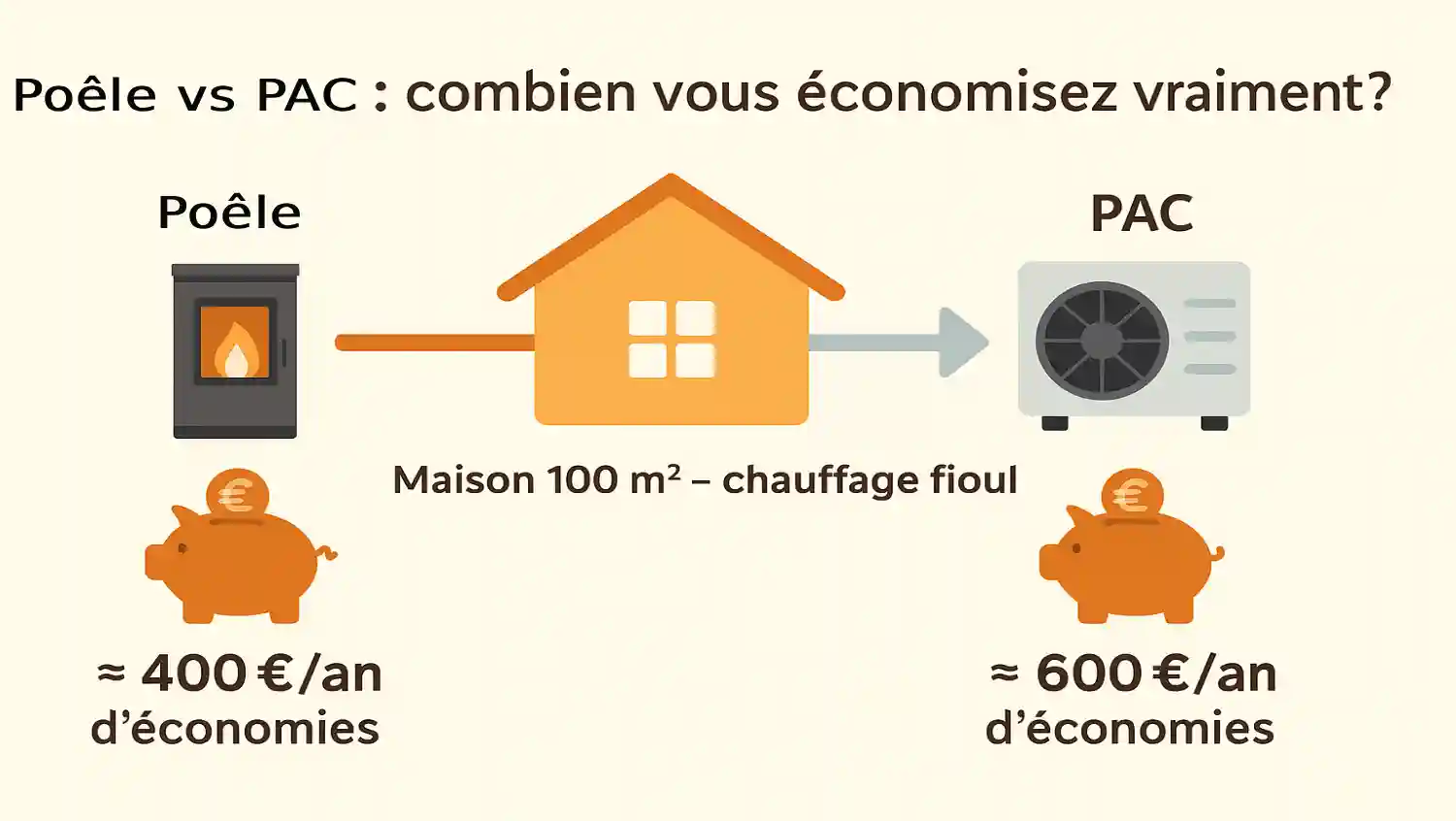 Infographie montrant une maison de 100 m² chauffée au fioul avec deux flèches de comparaison : d’un côté le poêle à granulés, de l’autre la pompe à chaleur air/eau. Sous chaque option, une tirelire affiche les économies annuelles estimées : environ 400 €/an avec un poêle à granulés et environ 600 €/an avec une PAC.