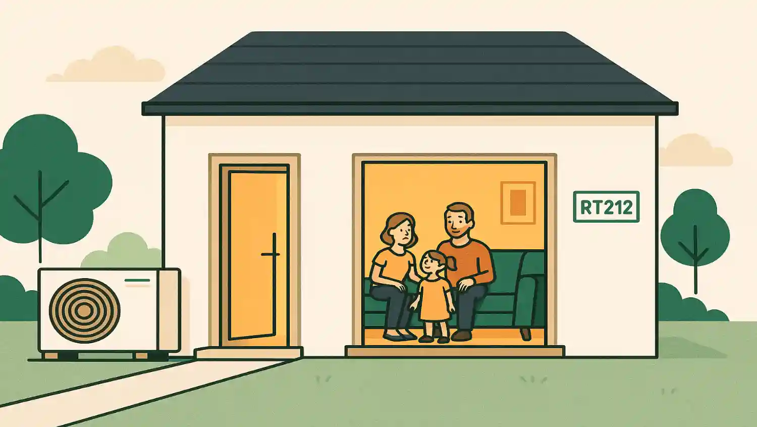 Illustration d’une maison individuelle moderne bien isolée (label RT2012) équipée d’une pompe à chaleur air-eau et de radiateurs basse température, avec une famille confortablement installée dans le salon.