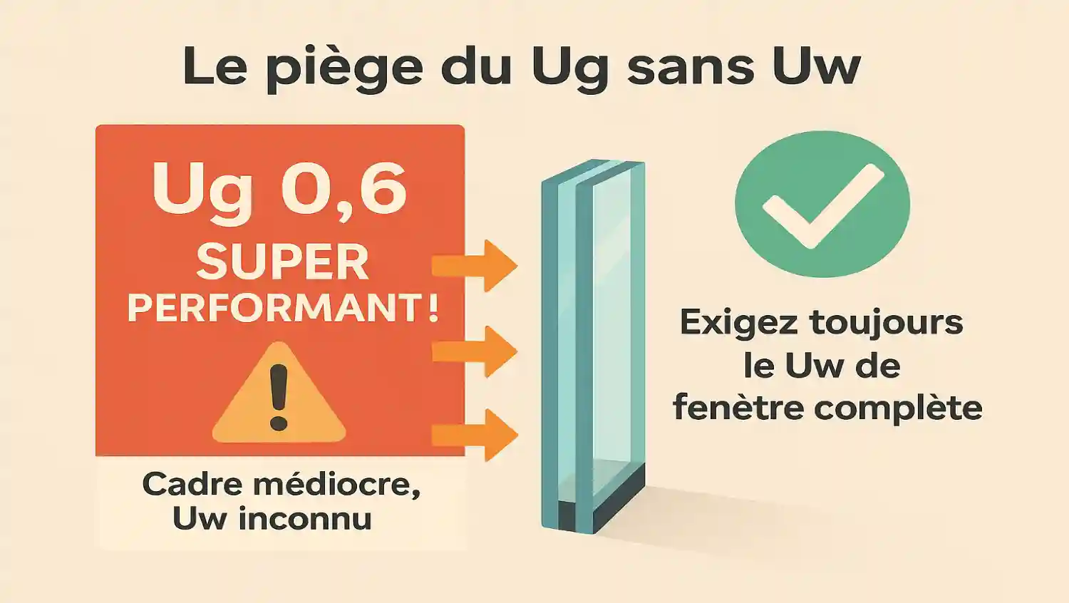 Infographie illustrant le « piège du Ug sans Uw ». À gauche, une affiche commerciale orange met en avant « Ug 0,6 SUPER PERFORMANT ! » avec un avertissement « Cadre médiocre, Uw inconnu ». À droite, un pictogramme vert avec coche et le message « Exigez toujours le Uw de fenêtre complète ». Ce visuel rappelle que la valeur Ug du vitrage ne suffit pas : il faut vérifier le Uw de la fenêtre entière pour juger réellement de ses performances.