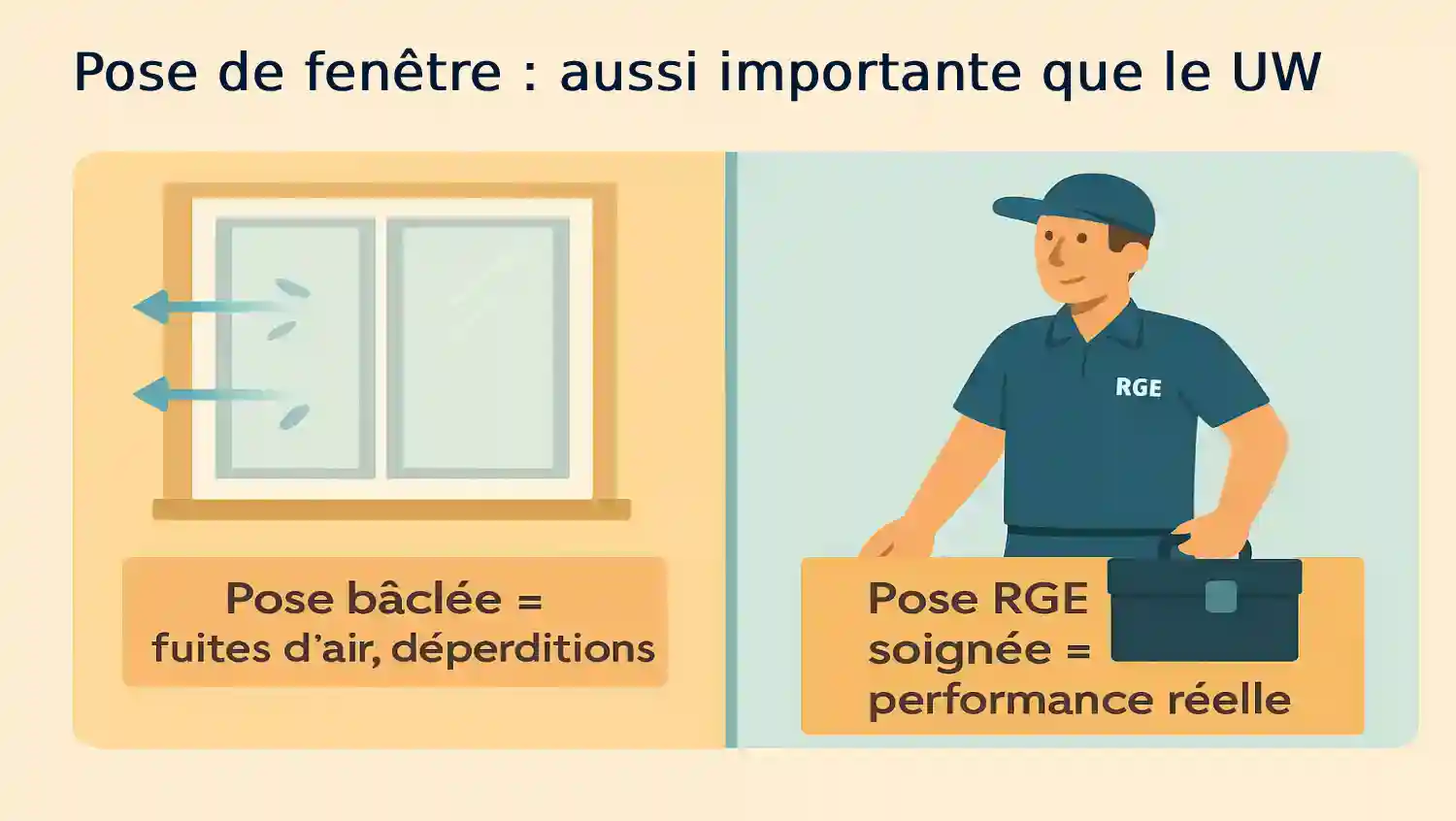 Infographie en écran partagé. À gauche, une fenêtre mal posée laisse apparaître des fuites d’air (flèches bleues) avec la mention « Pose bâclée = fuites d’air, déperditions ». À droite, un installateur professionnel portant un badge RGE se tient devant une fenêtre correctement posée, accompagné du texte « Pose RGE soignée = performance réelle ».