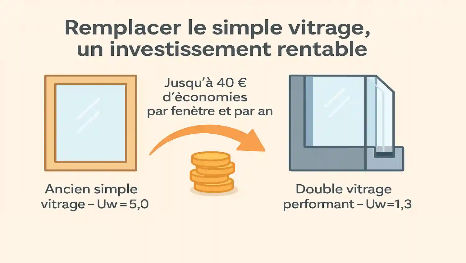 Illustration comparant un ancien simple vitrage (Uw ≈ 5,0) à un double vitrage performant (Uw ≈ 1,3). Les deux fenêtres sont représentées côte à côte au-dessus d’une pile de pièces, reliées par une flèche courbe portant le message « Jusqu’à 40 € d’économies par fenêtre et par an ».
