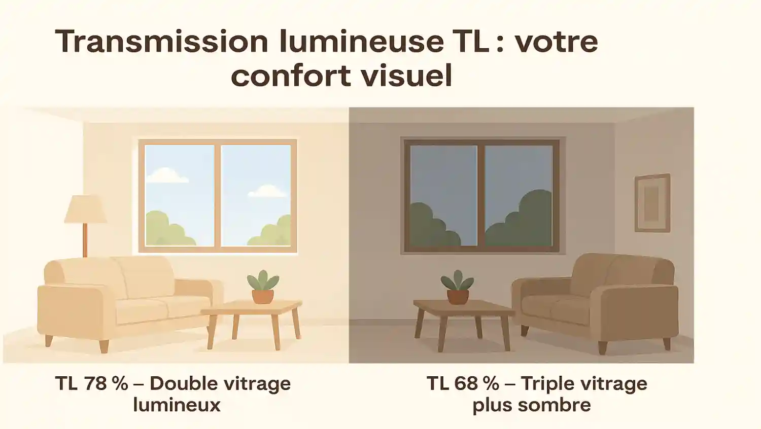 Illustration montrant la même pièce scindée en deux. À gauche, un salon clair avec une grande fenêtre affichant « TL 78 % – Double vitrage lumineux » ; la lumière naturelle est abondante. À droite, la même pièce équipée d’un triple vitrage, nettement plus sombre, légendée « TL 68 % – Triple vitrage plus sombre ».