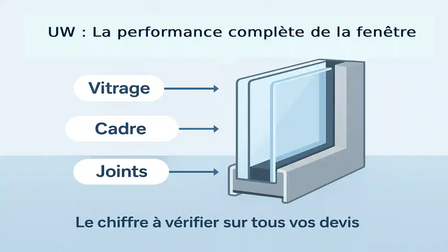Schéma montrant une fenêtre en coupe avec son cadre, son vitrage et ses joints. Des flèches pointent chaque élément, clairement étiqueté « Vitrage », « Cadre » et « Joints ». En haut figure le titre « Uw : la performance de la fenêtre complète » et, en bas, la mention « Le chiffre à vérifier sur tous vos devis ».