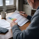 Dans un appartement ancien, un propriétaire examine un dossier de DPE avec ses factures d’énergie et une calculatrice. Une image qui illustre la question clé : avec les nouvelles règles DPE 2027, votre classe énergie peut-elle évoluer (attestation, nouveau DPE ou travaux) avant une vente ou une mise en location ?