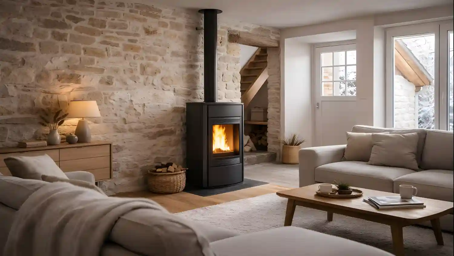 Dans cette pièce de vie, on voit ce que cherche la plupart des propriétaires en rénovation : une maison ancienne qui garde son charme (pierre apparente, enduit partiel) tout en gagnant en confort grâce à un poêle à granulés 2027.