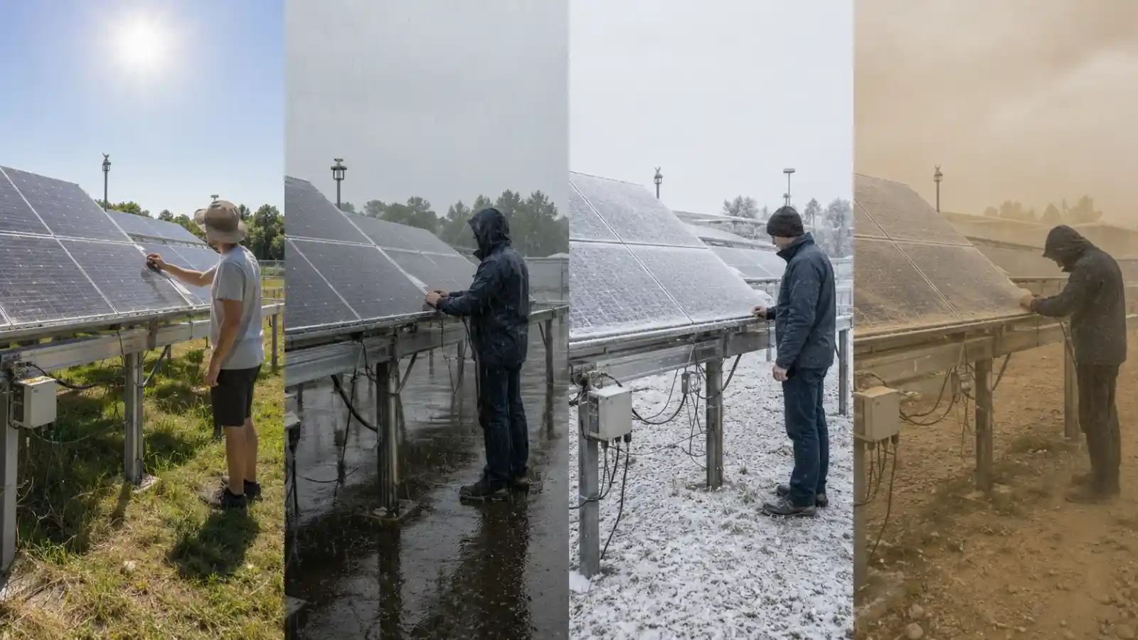 essais-exterieurs-panneaux-tandem-conditions-climatiques Panneaux solaires tandem testés en extérieur sous différentes conditions météorologiques.