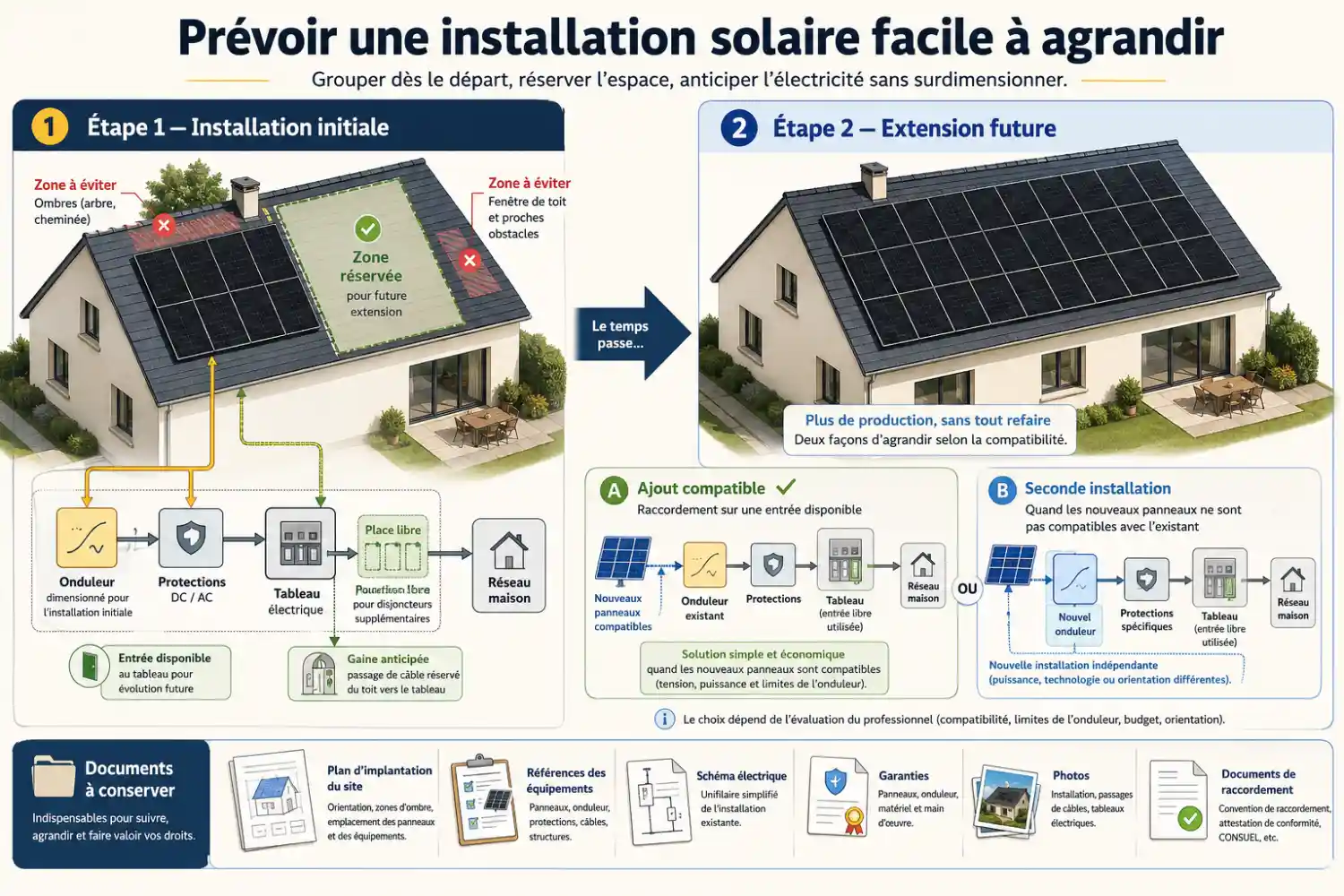 Schéma montrant comment prévoir une installation solaire évolutive, avec panneaux regroupés au départ, espace réservé sur la toiture et deux options d’extension future.