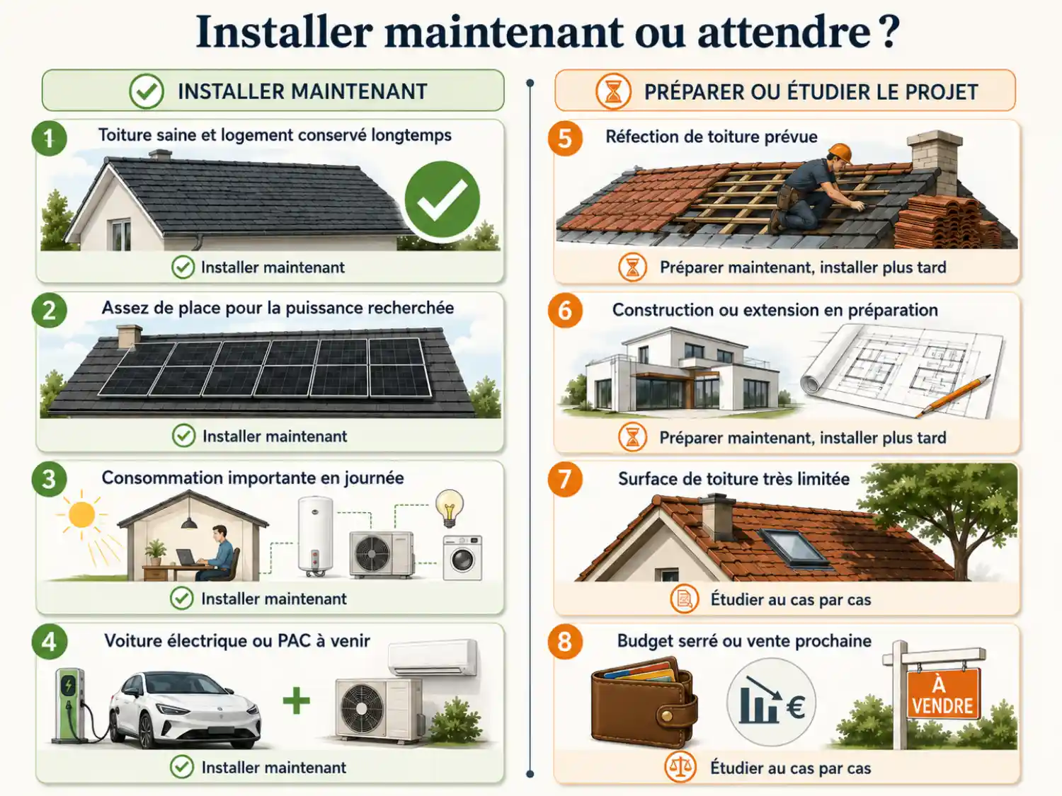Matrice présentant huit situations pour décider d’installer des panneaux solaires maintenant ou d’attendre avant de lancer le projet.