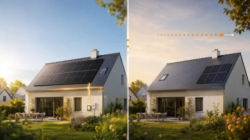 Même maison en 2026 et en 2030, avec des panneaux solaires installés immédiatement ou après plusieurs années d’attente.