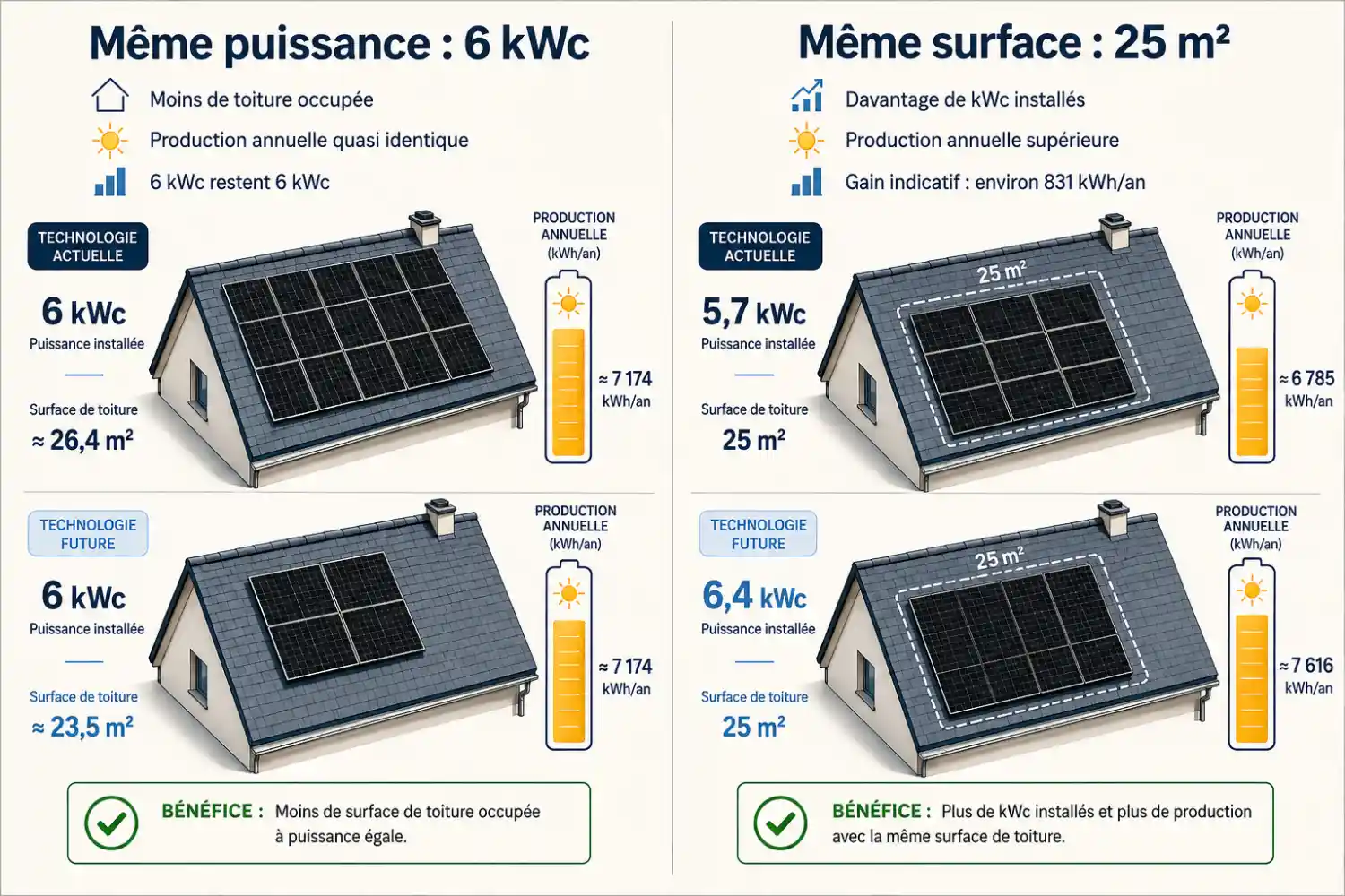 Infographie comparant des panneaux solaires actuels et futurs à puissance identique de 6 kWc et à surface identique de 25 m².