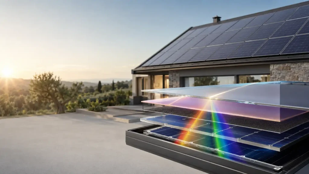 Panneaux tandem pérovskite-silicium installé sur la toiture d’une maison.