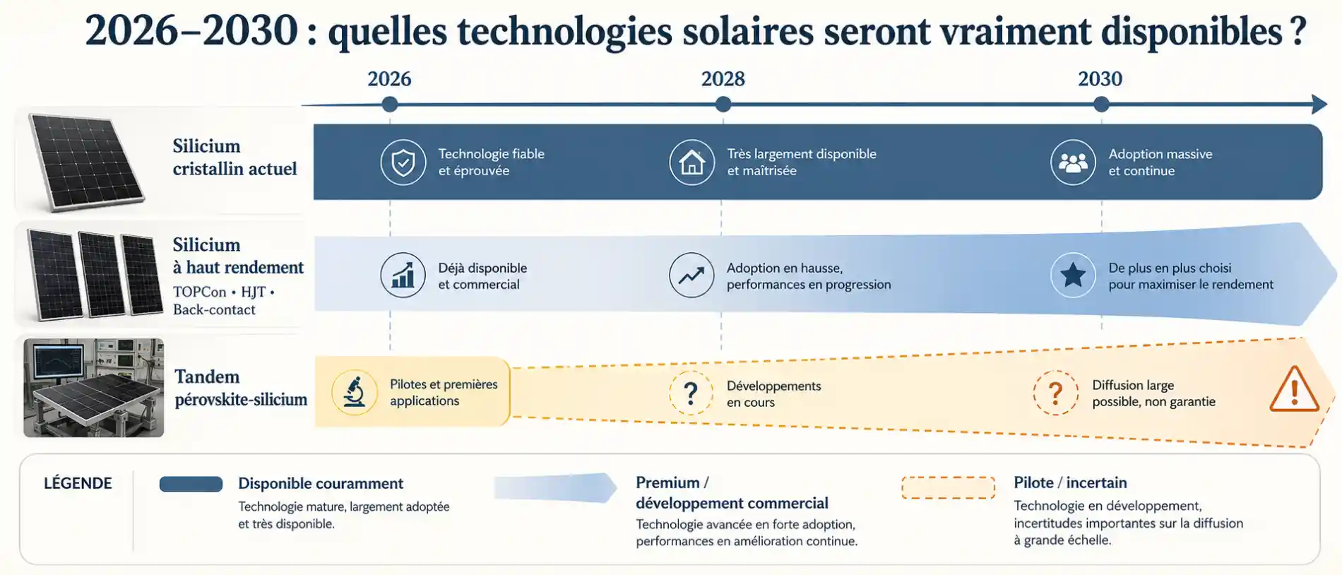 Frise comparant la maturité du silicium cristallin, des panneaux à haut rendement et des tandems pérovskite-silicium entre 2026 et 2030.