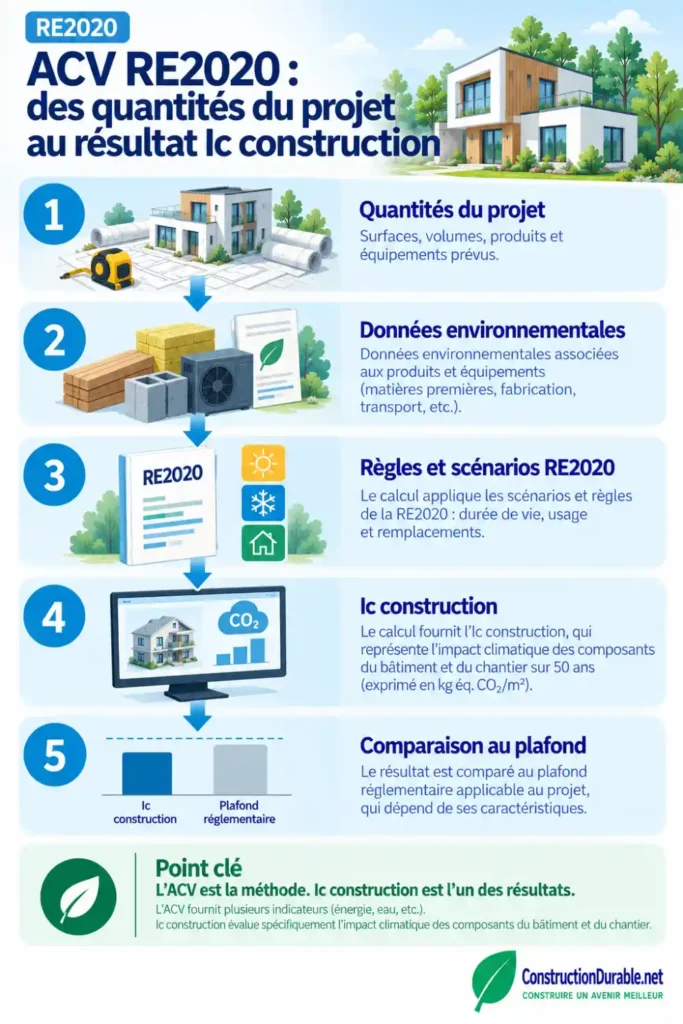 ACV RE2020 : des quantités du projet à l’Ic construction Infographie expliquant comment les quantités du projet et les données environnementales produisent l’Ic construction en RE2020