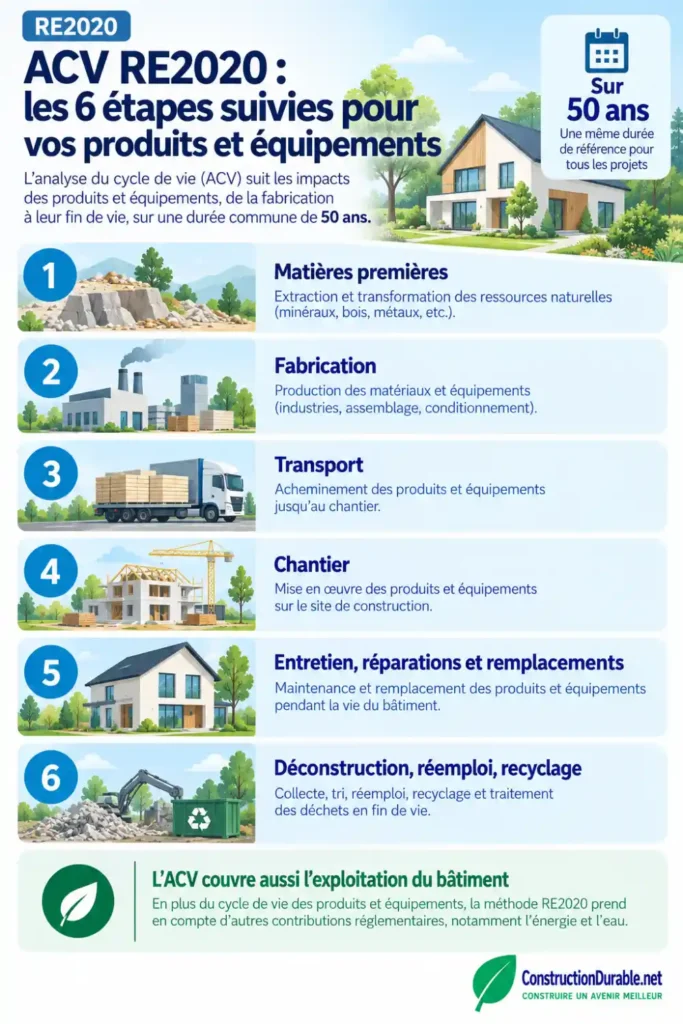 ACV RE2020 : les 6 étapes du cycle de vie d’un bâtiment Infographie des six étapes prises en compte dans l’ACV RE2020 sur 50 ans, des matières premières à la fin de vie