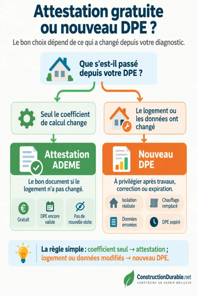 Infographie expliquant dans quels cas une attestation DPE 2027  ADEME gratuite suffit, et dans quels cas il est préférable de faire réaliser un nouveau DPE après travaux, correction ou expiration du diagnostic.
