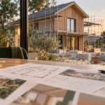 Dossier de permis de construire ouvert sur une table, devant une maison neuve en fin de chantier