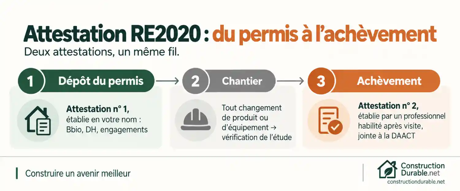 Attestation RE2020 : du permis à l'achèvement Frise en trois étapes : attestation RE2020 au dépôt du permis, suivi des changements pendant le chantier, attestation à l'achèvement jointe à la DAACT