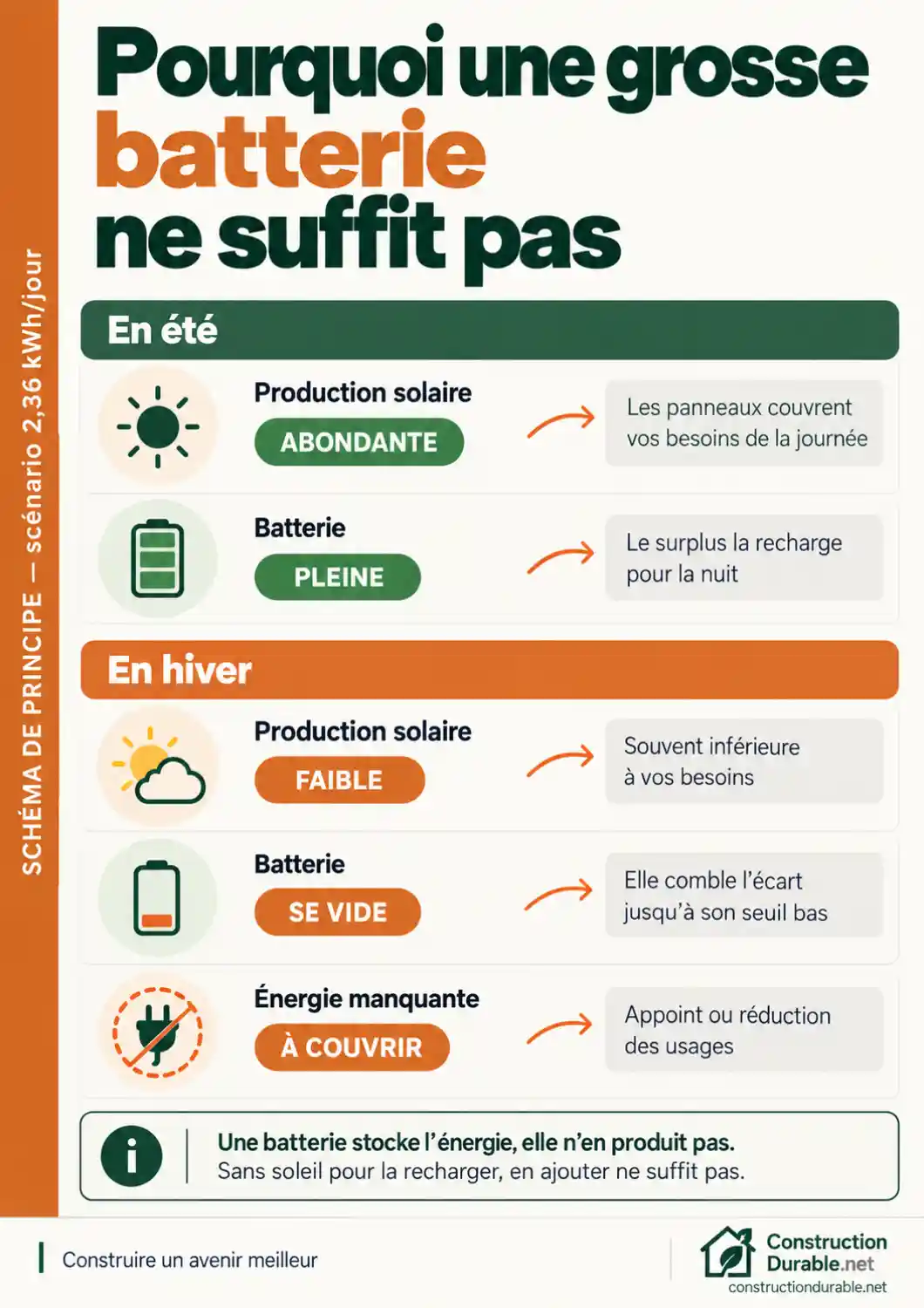 Pourquoi une grosse batterie ne suffit pas en hiver Schéma comparant été et hiver : en été le surplus solaire remplit la batterie, en hiver la production insuffisante la vide et crée un manque d'énergie