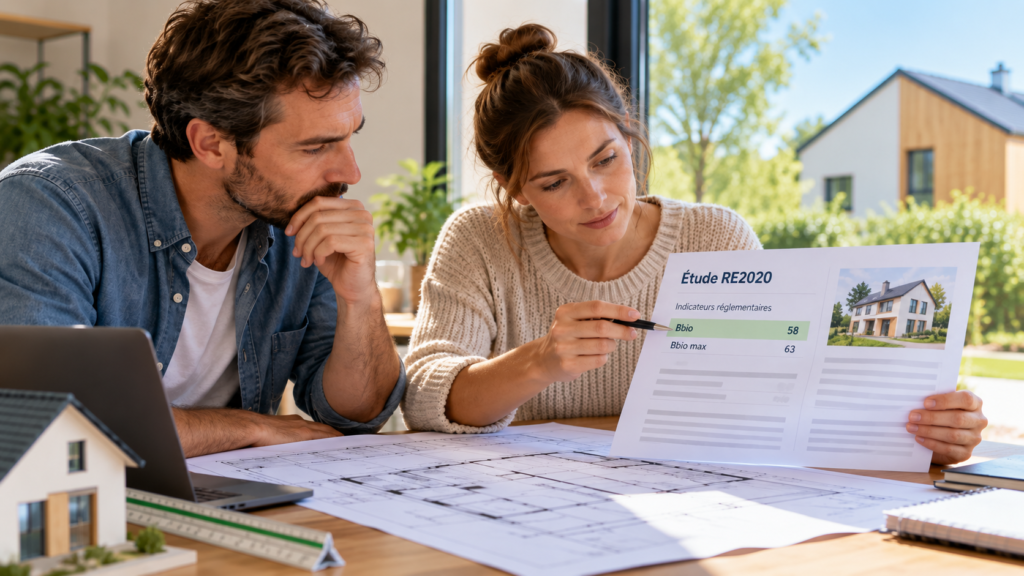 Couple consultant les résultats de leur étude RE2020 : Bbio de 58 pour un Bbio max de 63