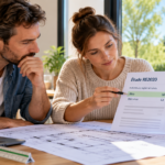 Couple consultant les résultats de leur étude RE2020 : Bbio de 58 pour un Bbio max de 63