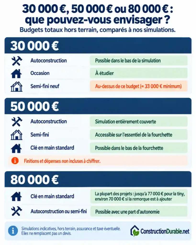 Infographie comparant les projets tiny house envisageables avec des budgets hors terrain de 30 000, 50 000 et 80 000 euros