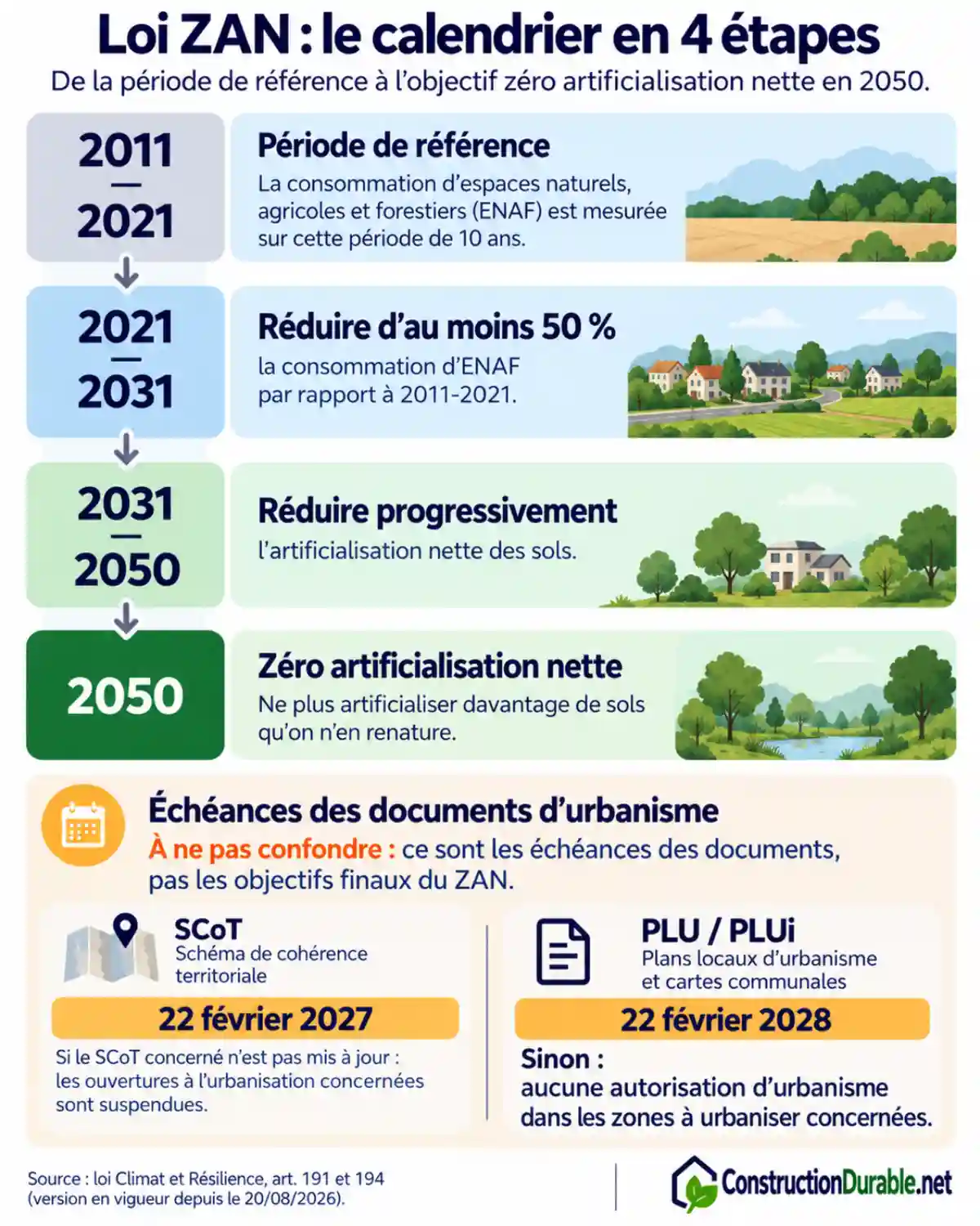 Calendrier de la loi ZAN : période de référence 2011-2021, réduction de la consommation d’ENAF en 2021-2031 et objectif zéro artificialisation nette en 2050