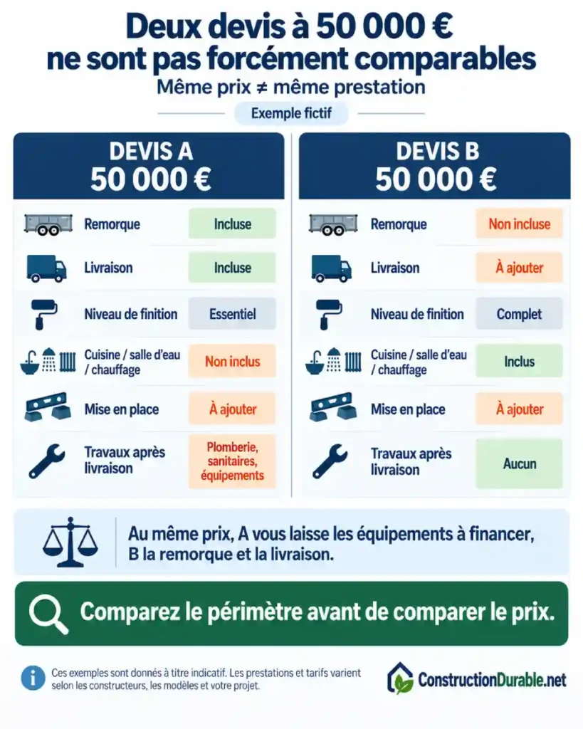Infographie comparant deux devis fictifs de tiny house à 50 000 euros avec des prestations différentes