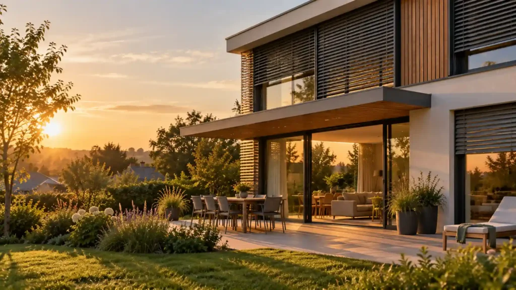 Maison contemporaine neuve avec grandes baies vitrées, brise-soleil orientables et débord de toiture pour illustrer le confort d’été RE2020