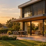 Maison contemporaine neuve avec grandes baies vitrées, brise-soleil orientables et débord de toiture pour illustrer le confort d’été RE2020