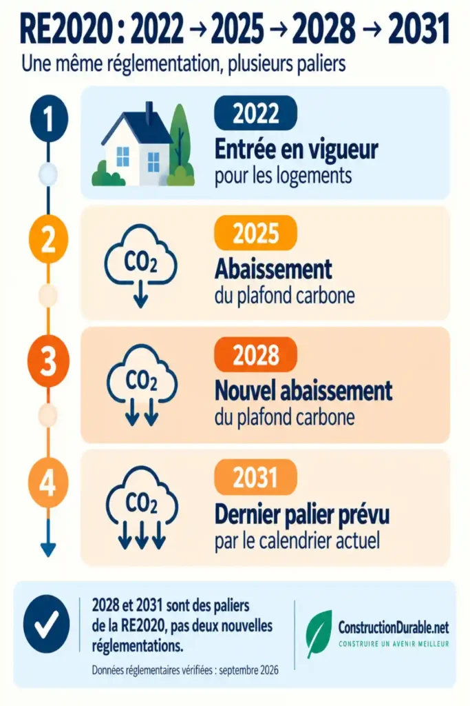 RE2020 : 2022 → 2025 → 2028 → 2031 Frise RE2020 montrant les paliers successifs 2022, 2025, 2028 et 2031