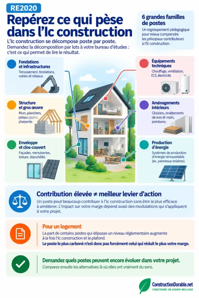 Six grandes familles de postes qui composent l'Ic construction d'une maison : fondations et infrastructures, structure et gros œuvre, enveloppe et clos-couvert, équipements techniques, aménagements intérieurs et production d'énergie.