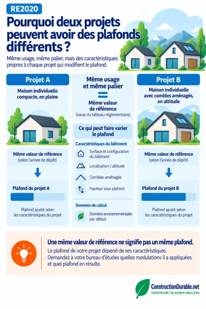 Deux maisons individuelles de même usage et même palier aboutissent à des plafonds Ic construction différents selon leurs caractéristiques.