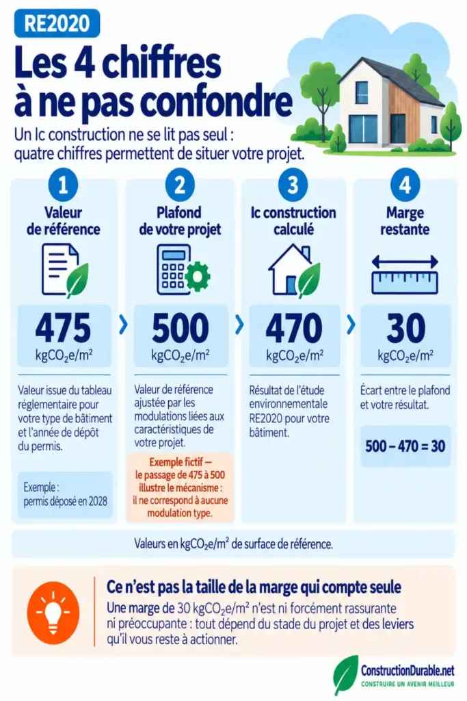 Les quatre chiffres à distinguer pour lire un Ic construction RE2020 : valeur de référence 475, plafond du projet 500, Ic construction calculé 470 et marge restante 30 kgCO₂e/m².