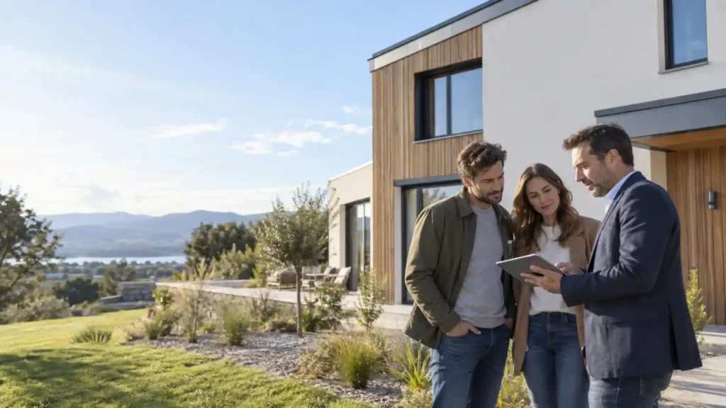 Couple et professionnel devant une maison contemporaine consultant une étude RE2020 sur tablette