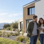 Couple et professionnel devant une maison contemporaine consultant une étude RE2020 sur tablette