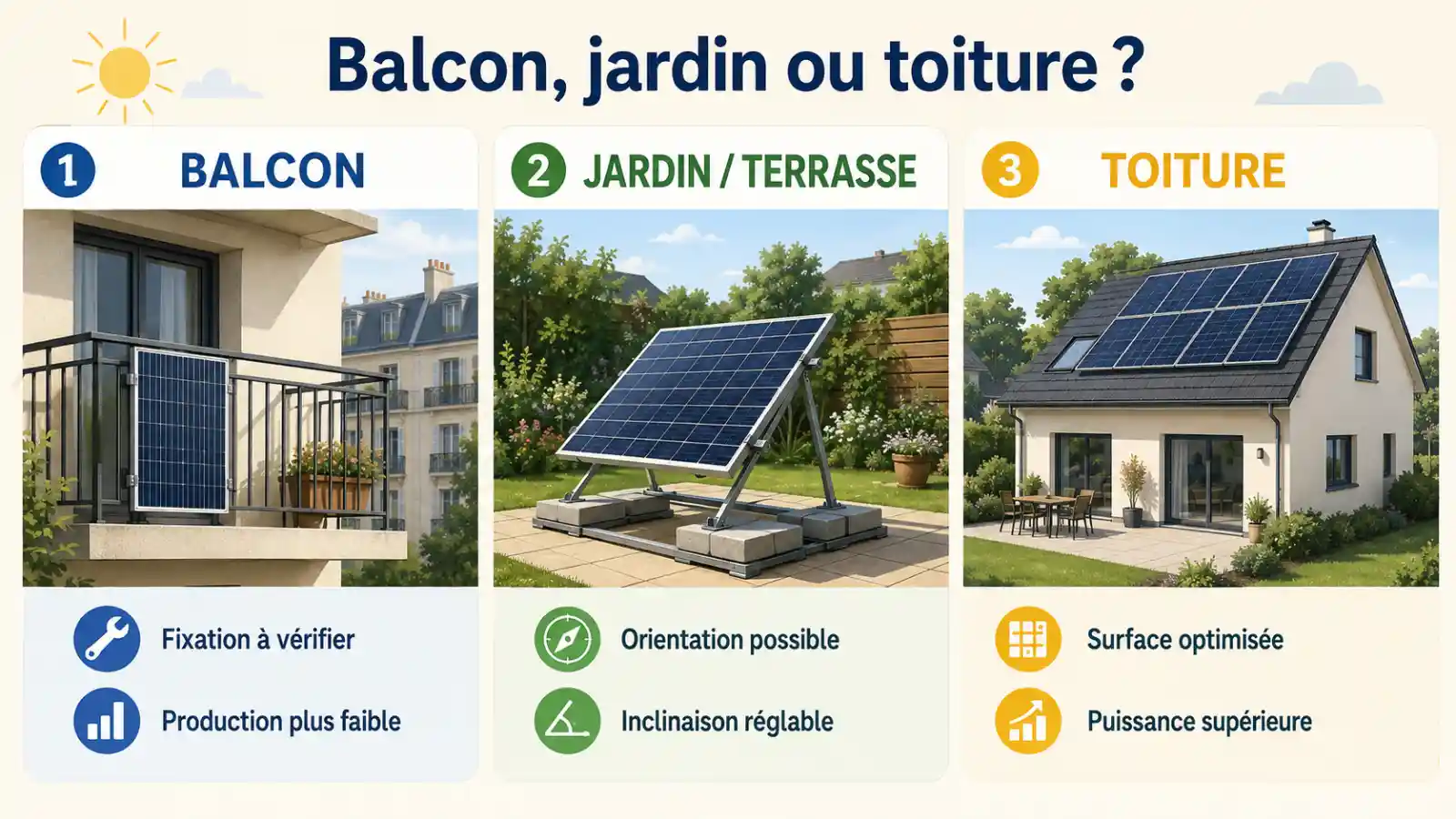 Comparaison des emplacements possibles pour un panneau solaire Plug and Play balcon jardin ou toiture